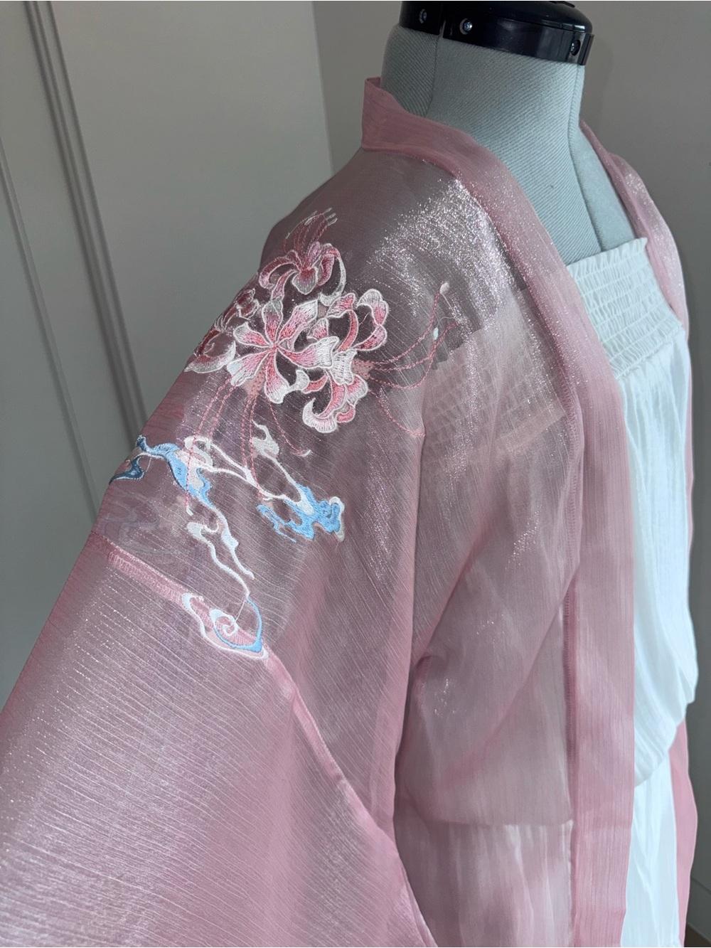 Sheer Pink Embroidered Kimono with Blue Bird Motif - Picture 7 of 8